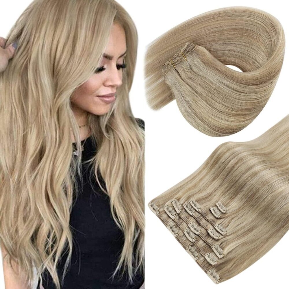 Clip In Hair Extensions Human Hair 20 Inch Straight Natural Blonde Highlights
